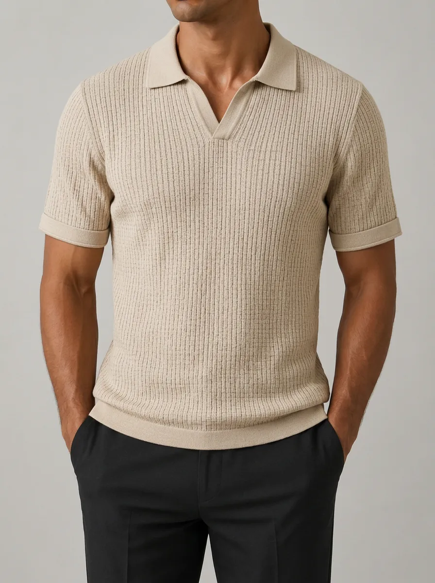 Men's Beige Ribbed Knit V-Neck Polo Shirt