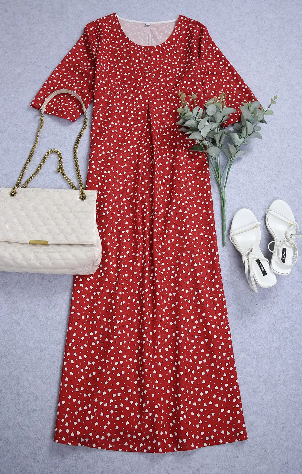Showy Red 3/4 Sleeve Print Midi Dress