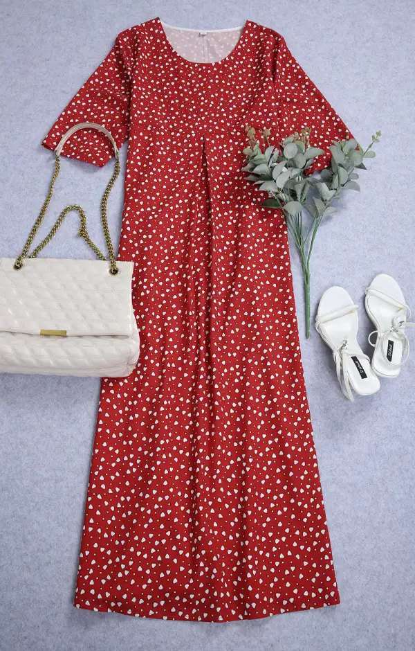 Showy Red 3/4 Sleeve Print Midi Dress
