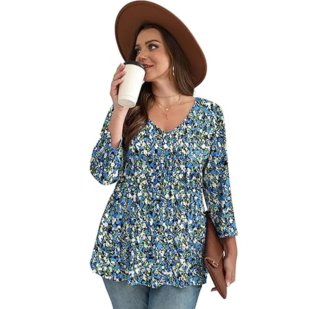 Women's three-quarter sleeve V-neck babydoll top