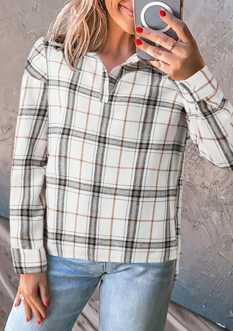 Plaid V-Neck Collared Blouse
