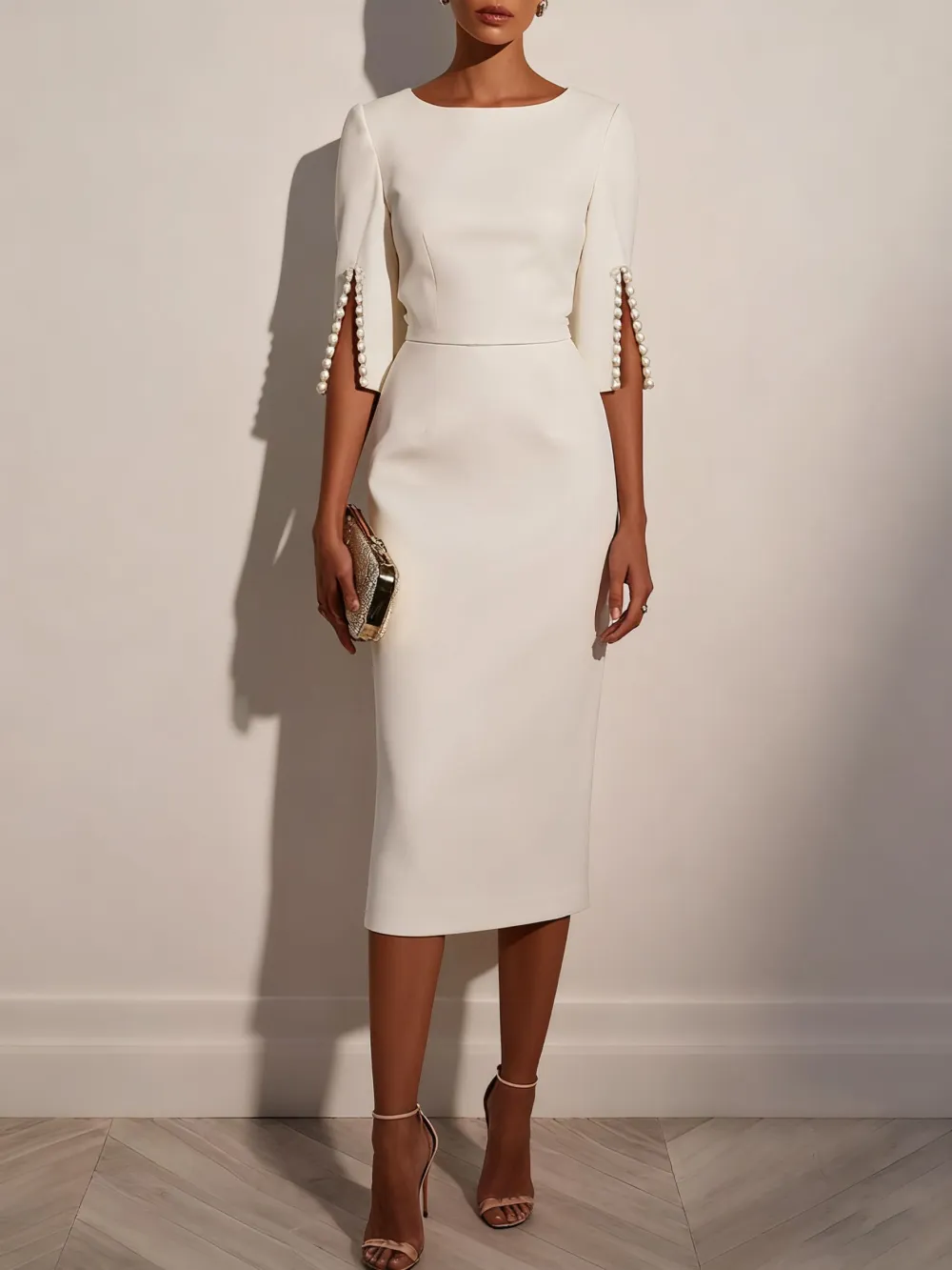 Elegant Round Neck Pearl Short Sleeve Midi Dress