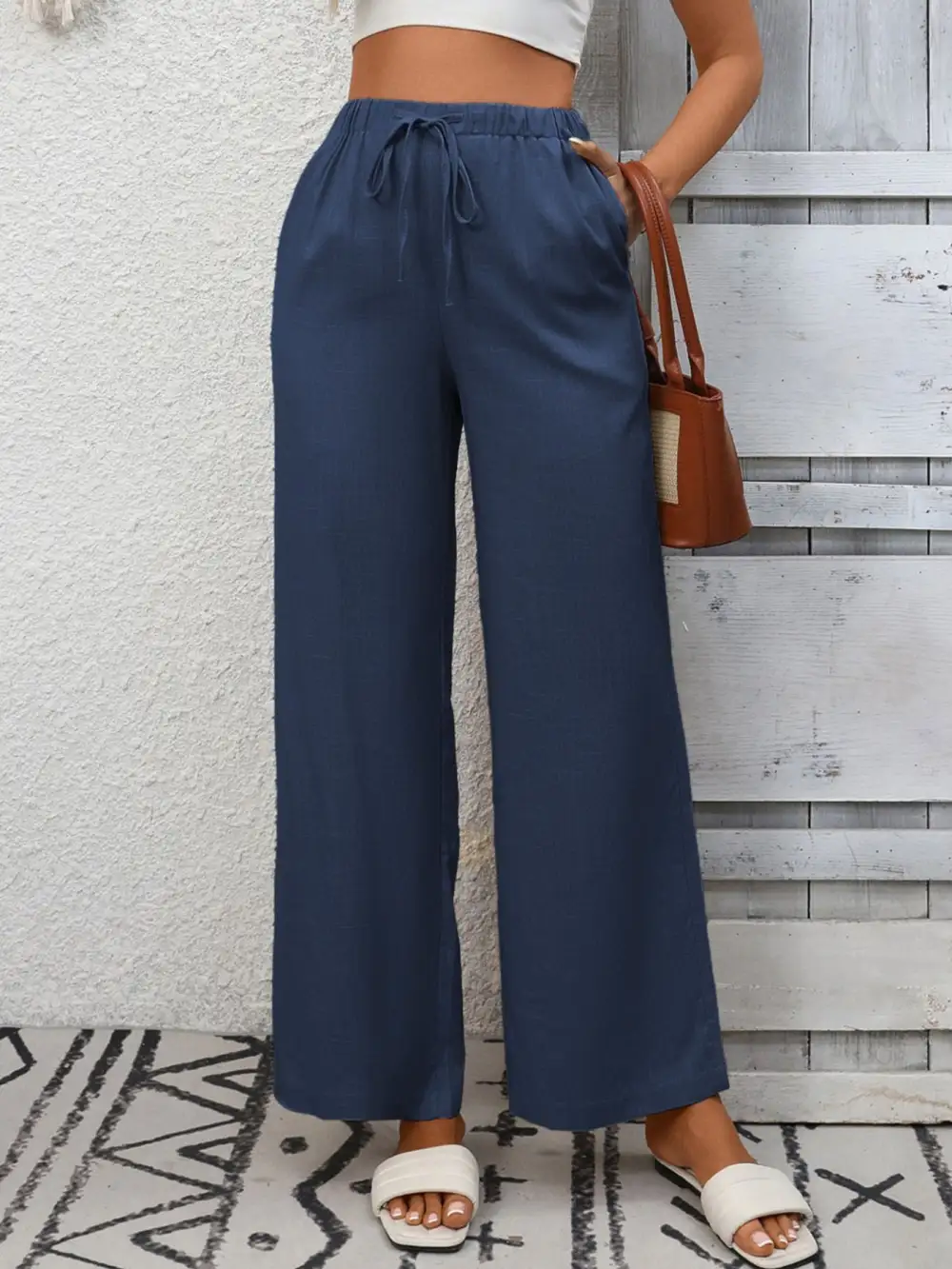 Wide Leg High Waist Drawstring Pocketed Pants