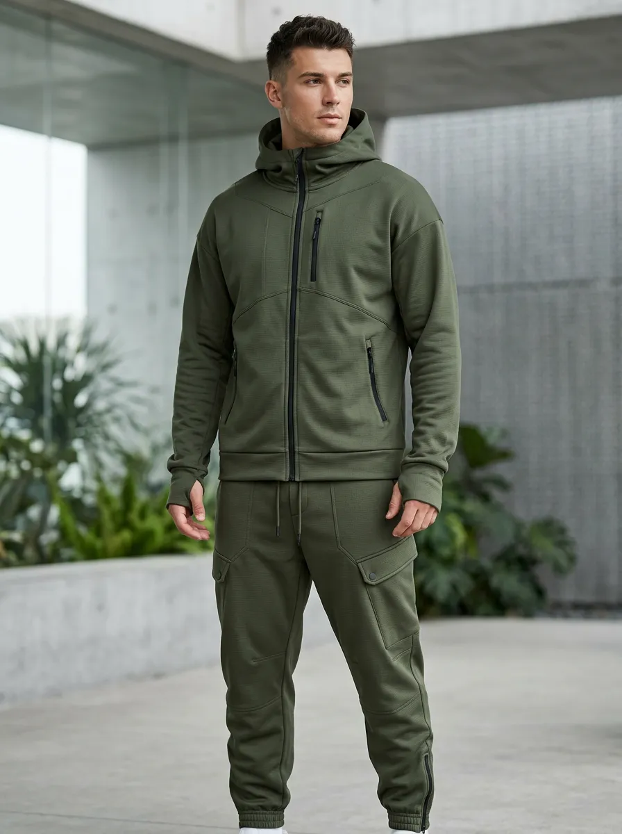 Unisex Zip Hoodie Tracksuit Set with Zip-Up Hoodie Jogger Pants Tactical-Inspired