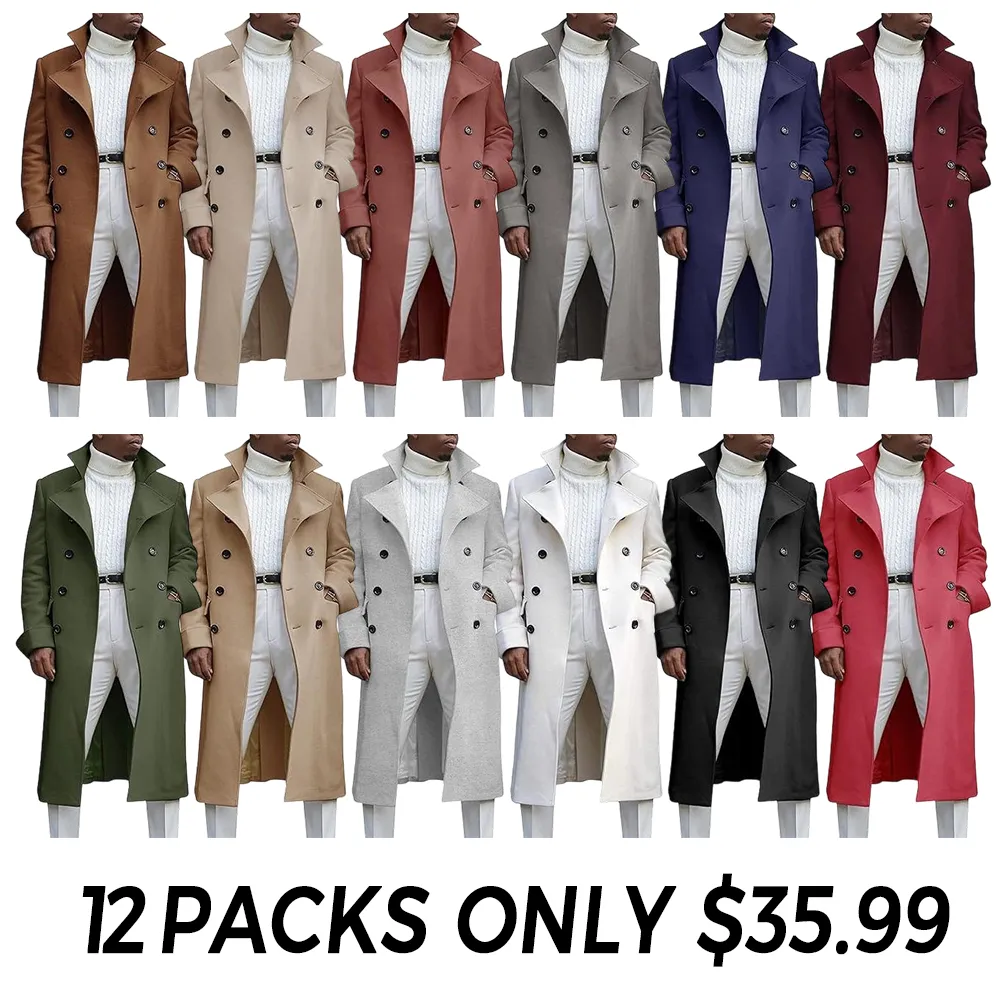 Men's Notch Lapel Double Breasted Long Trench Coat Casual Cotton Blend Peacoat