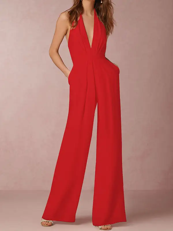 Mouwloze Jumpsuits Met Wijde Pijpen Rugloze Effen Kleur