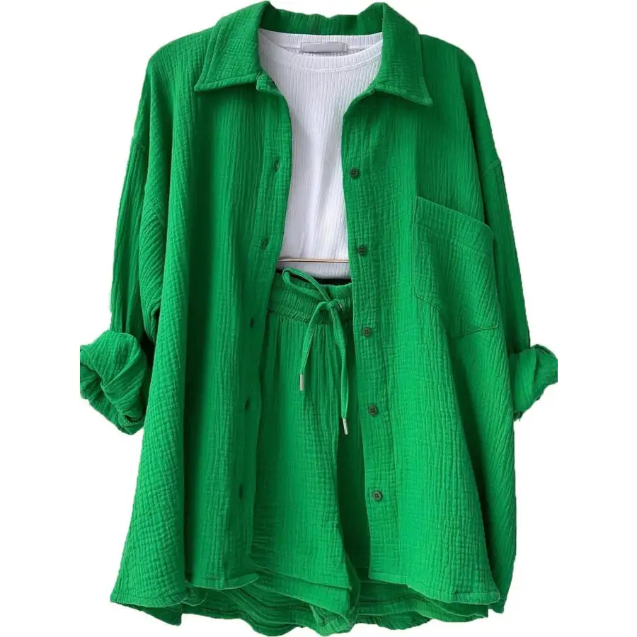 Relaxed Textured Button Up Shirt and Shorts Set