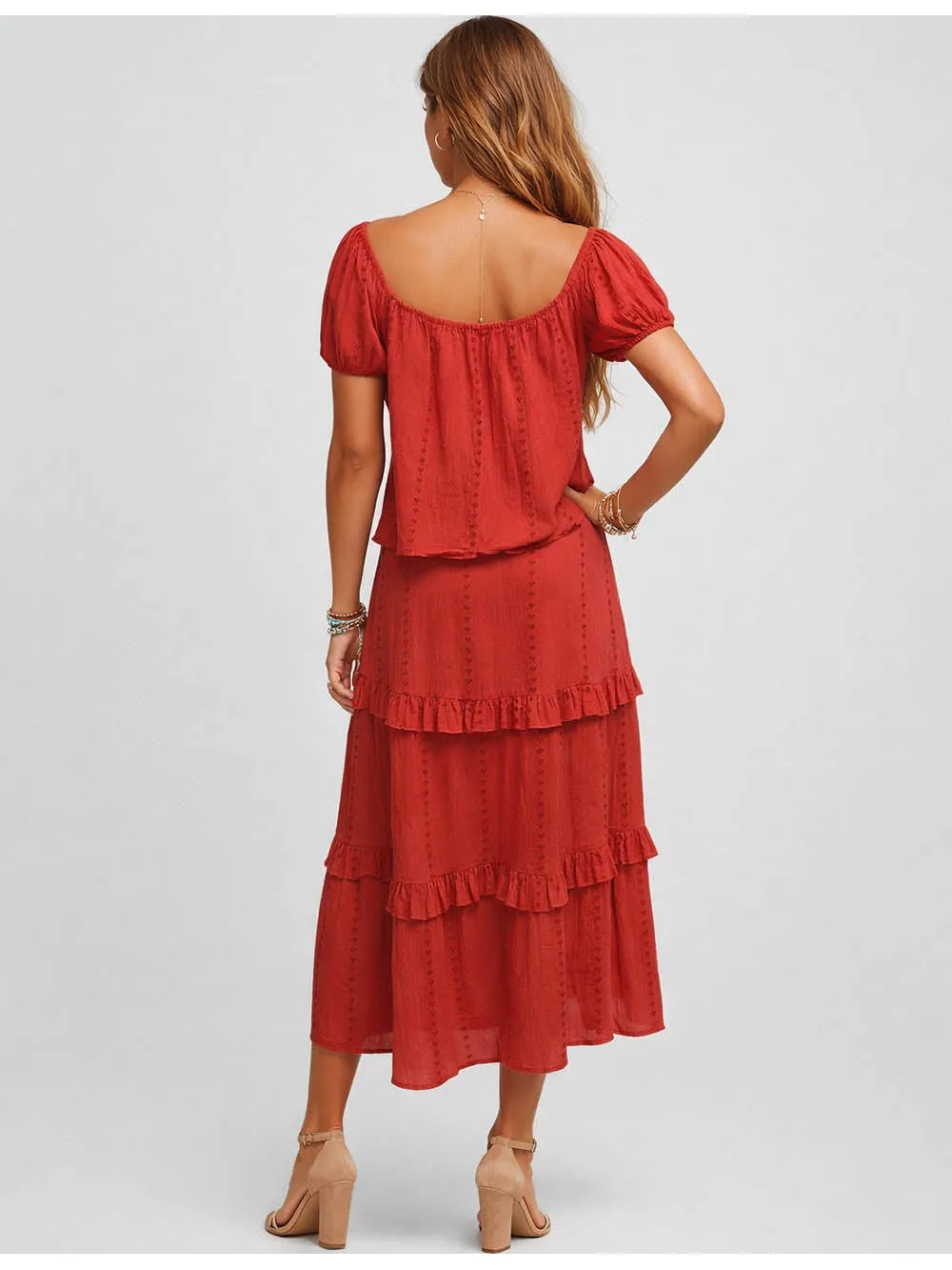 Tiered Rufflesmocked Waist Midi Skirt