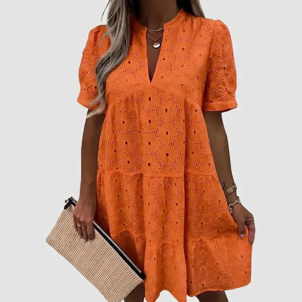 Flowy Lace Dresses Short Sleeve V Neck Tunic Dress