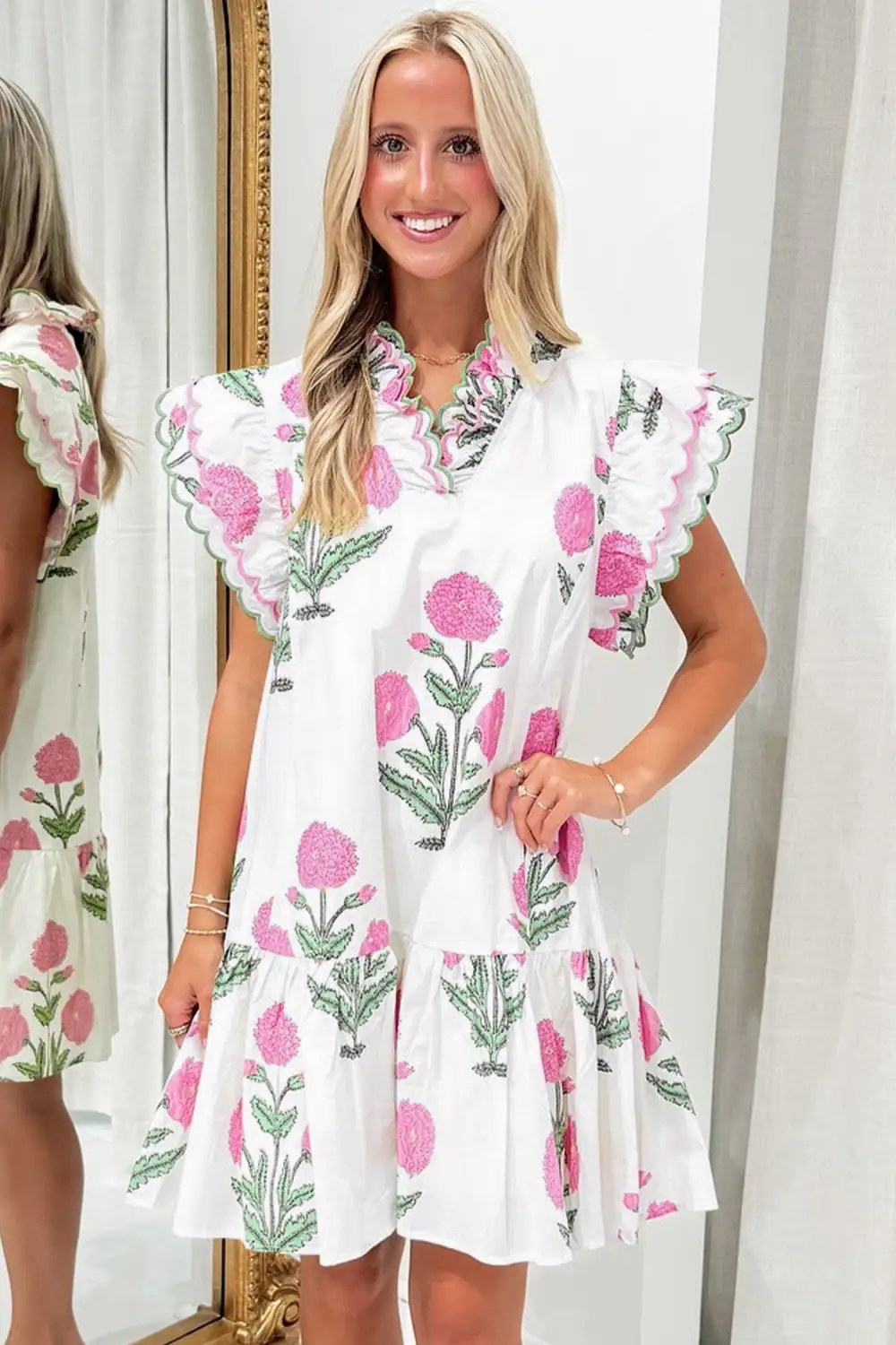 Gathered Detail Floral Printed V Neck Mini Dress