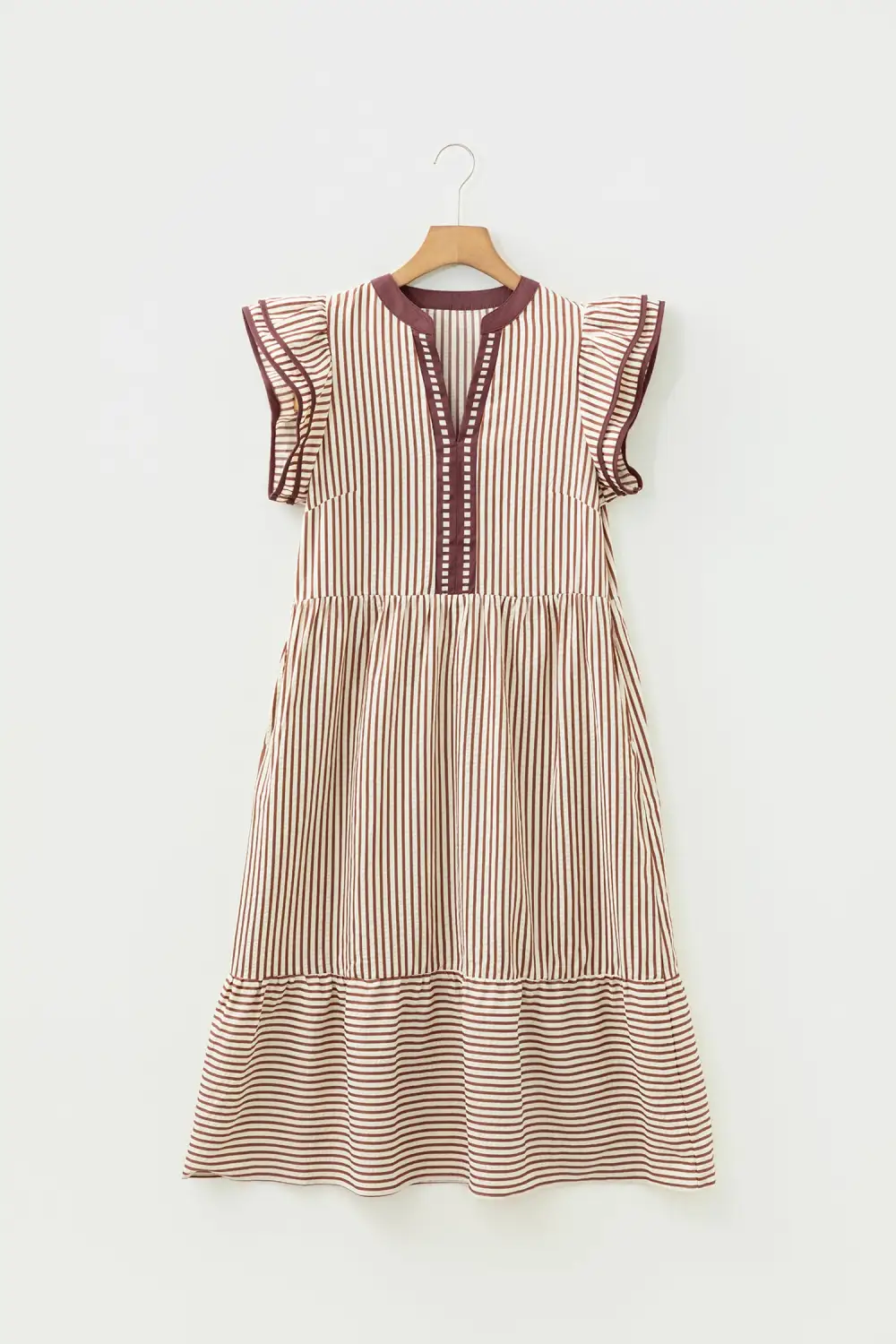 Lightweight Feel Striped V Neck Ruffle Midi Dress