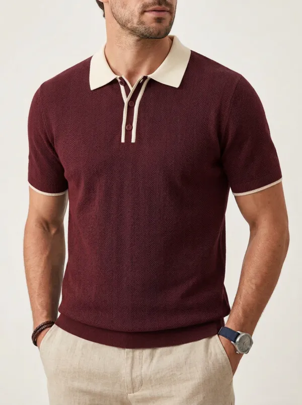 Men's Navy Herringbone Contrast-Collar Knit Polo Shirt