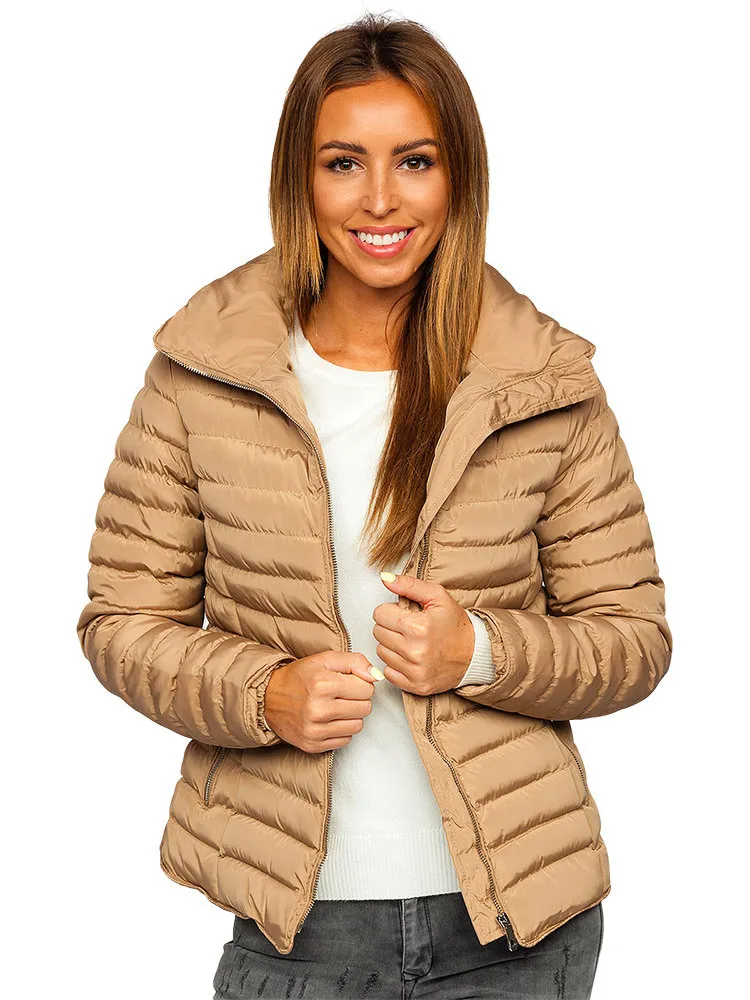 Women's Brown Quilted Winter Jacket Without Hood