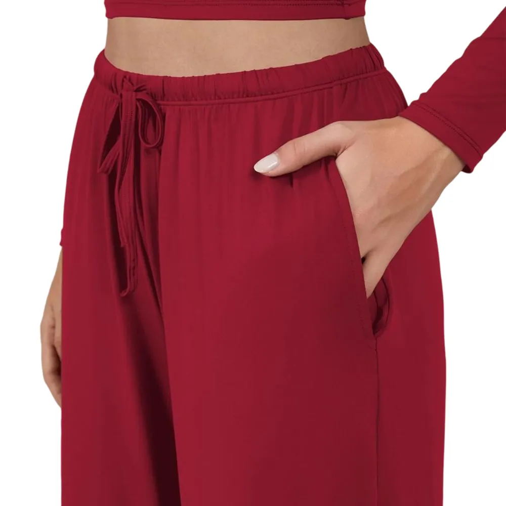 Women's 2-Piece Activewear Set Long-Sleeve Crop Top & Wide-Leg Pants Stretchy Fabric for Yoga
