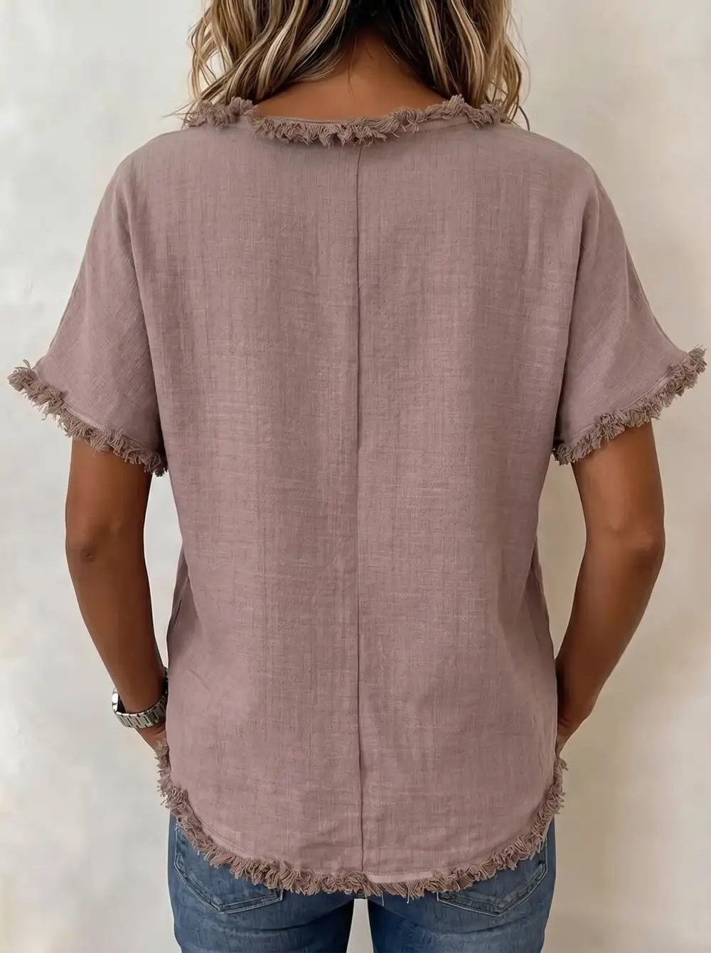 Relaxed Short Sleeve Fringed Panel Detail Round Neck T-Shirt