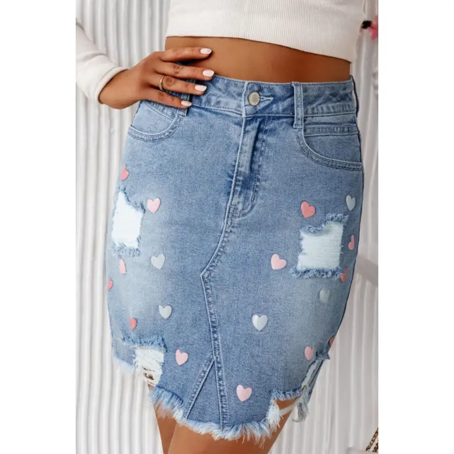 Distressed Raw Hem Heart Denim Skirt