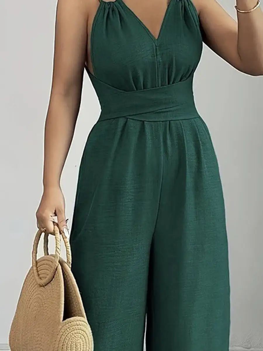 Hoog Getailleerde Mouwloze Rugloze Effen Kleur Gebonden Jumpsuits