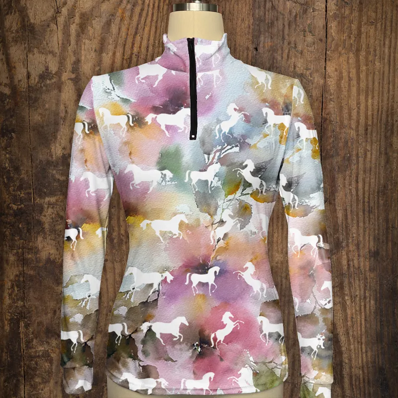 Spring, Summer, Autumn and Winter Women's Equestrian Style Maple Leaf Horse Print Long Sleeve Casual Shirt