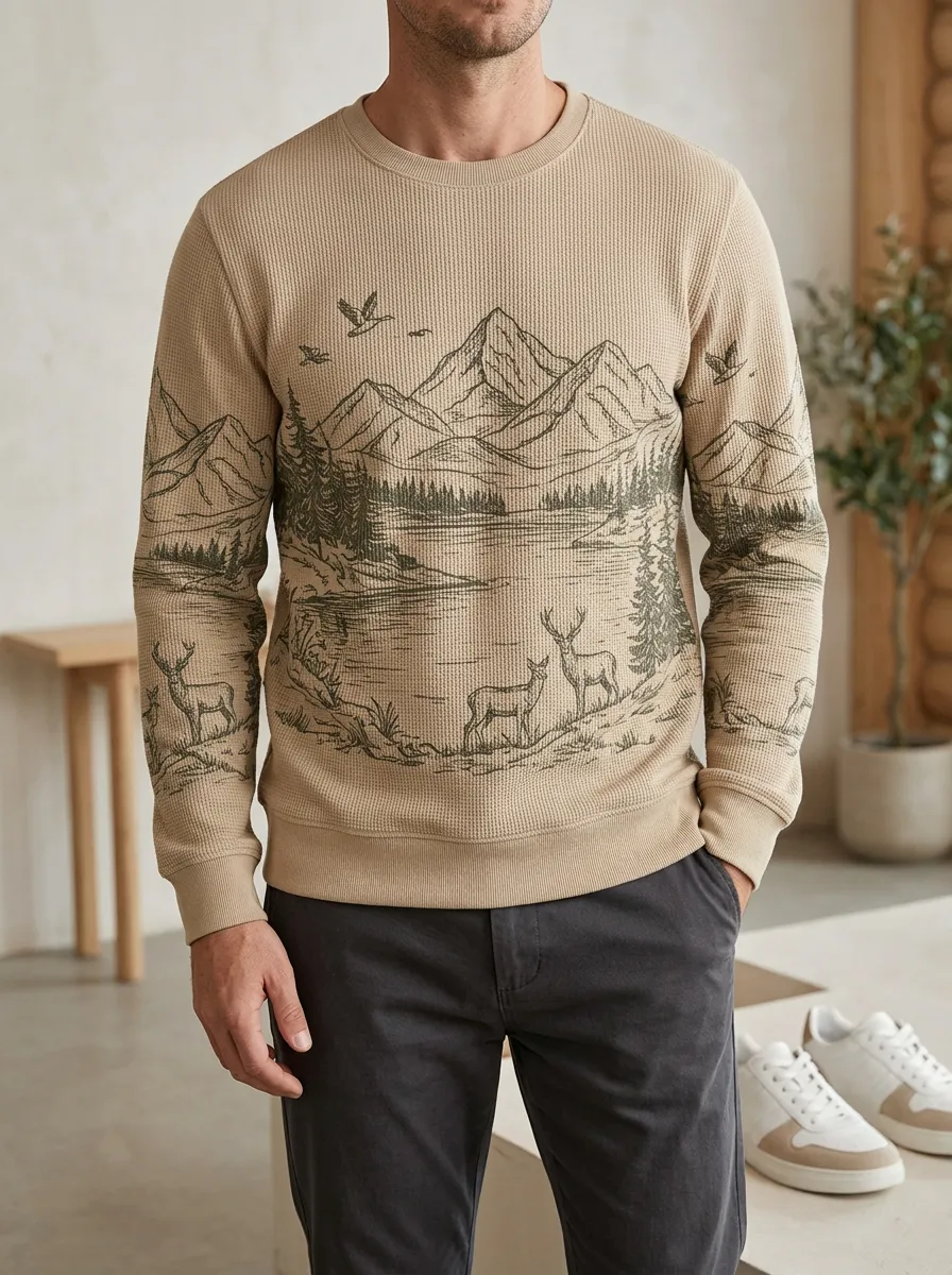 Men's Nature Lover Mountain Deer Forest Printed Waffle Sweatshirt