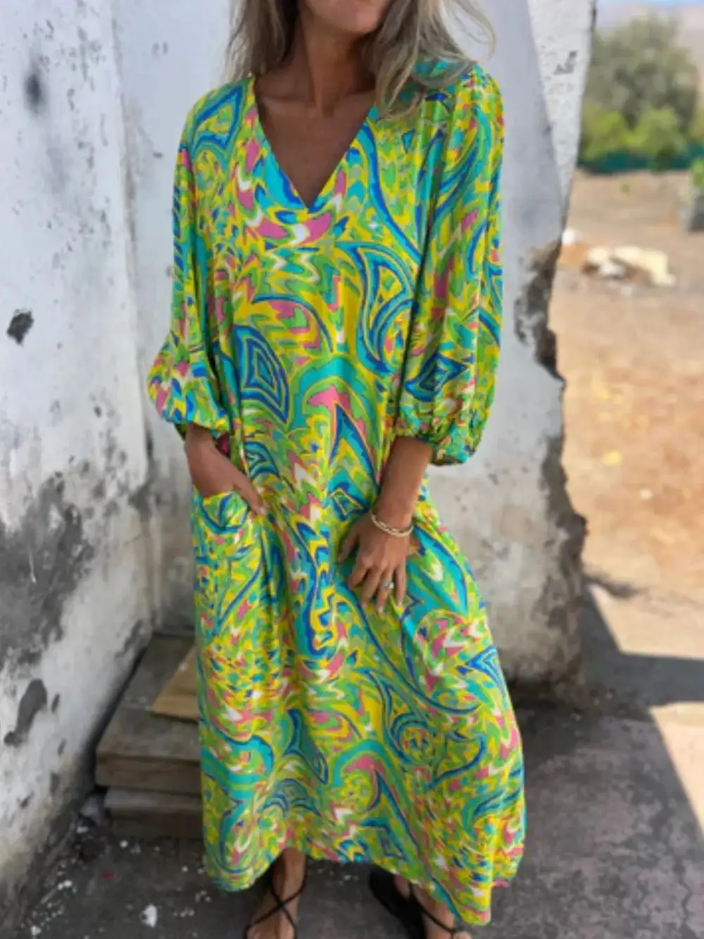 V-Neck Printed Midi Dress