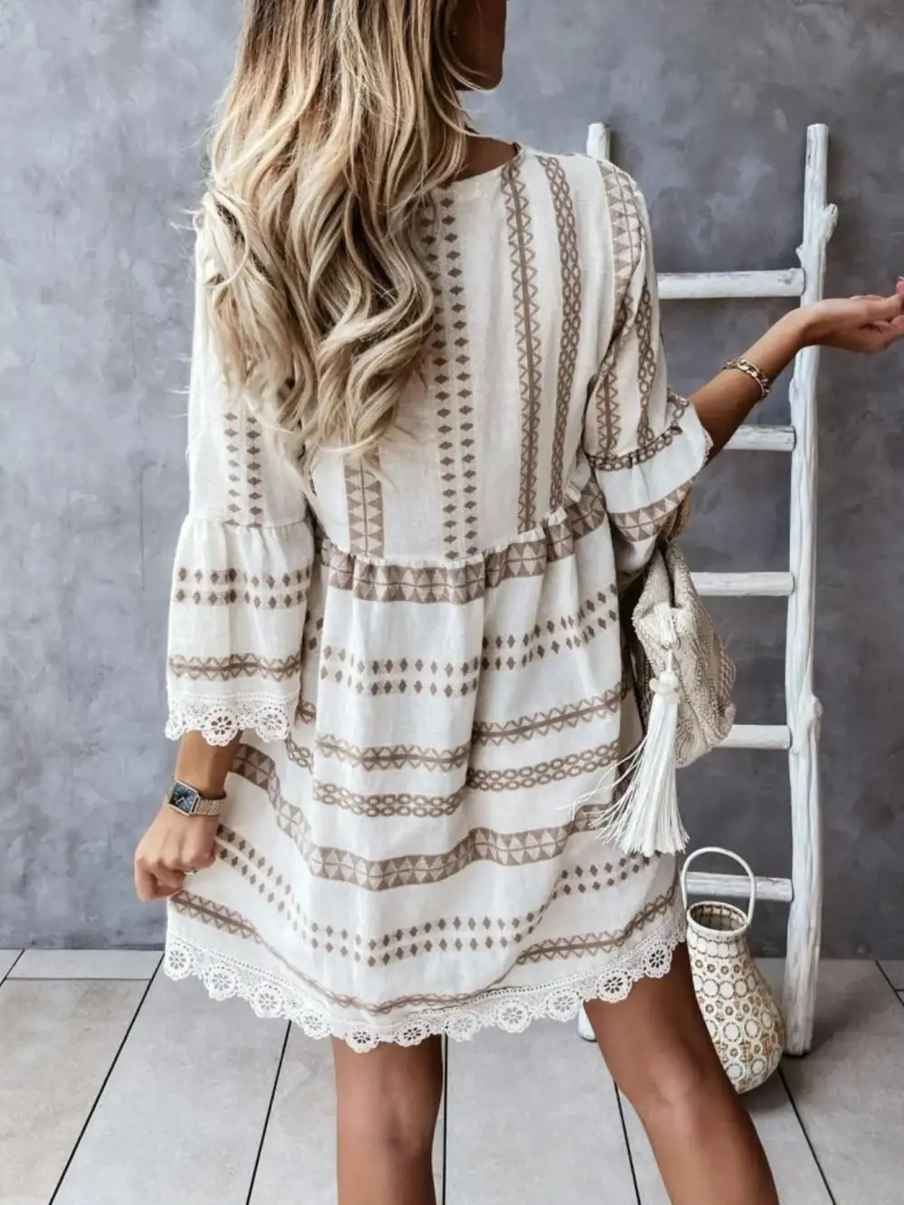 V-Neck Lace Trim Striped Midi Dress