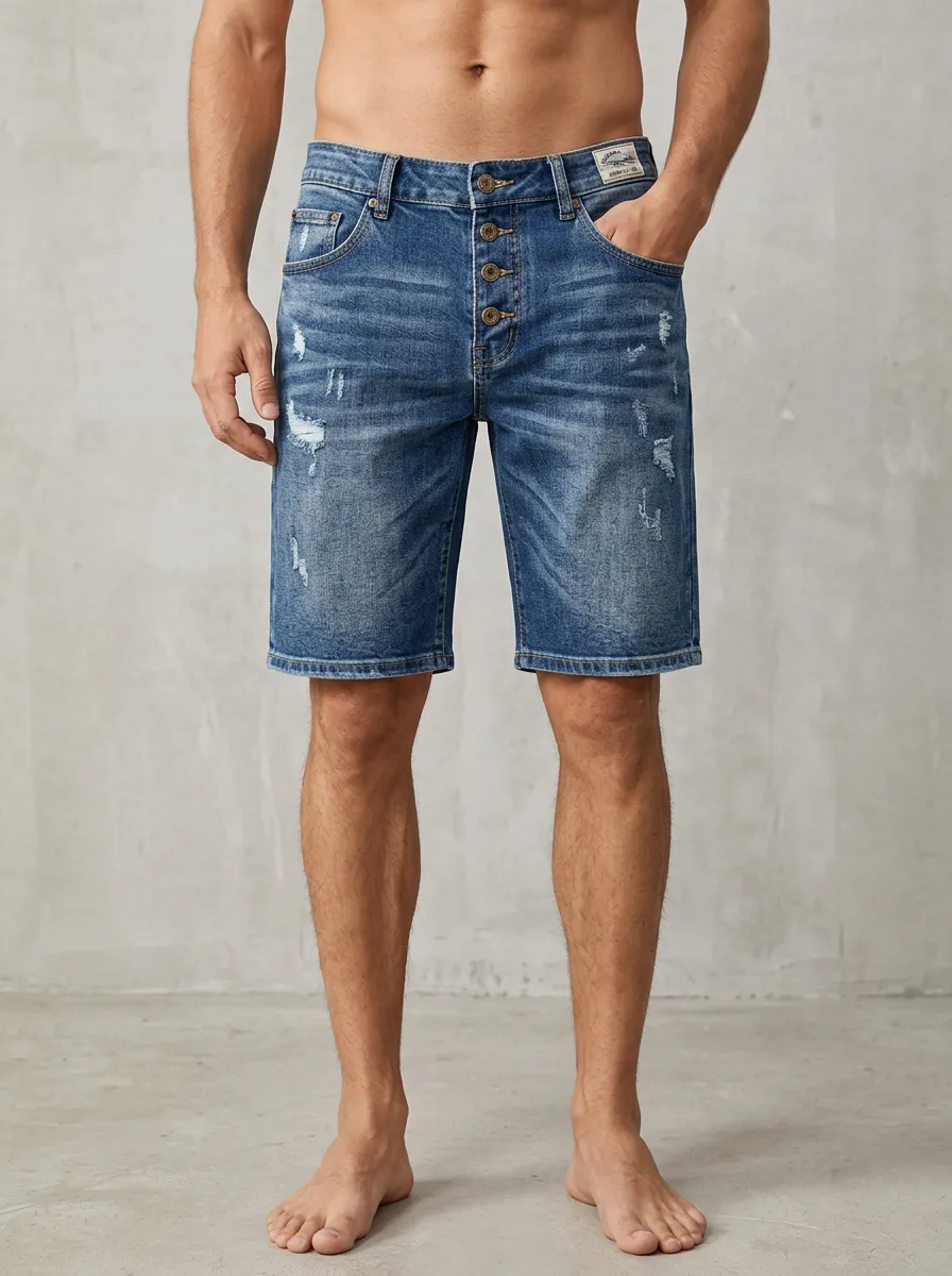 Men's Casual Distressed Button Fly Denim Shorts