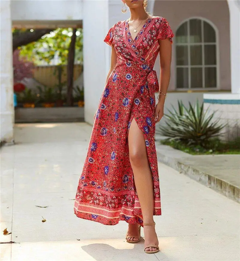 Short Sleeve Boho Floral High Split Maxi Dress