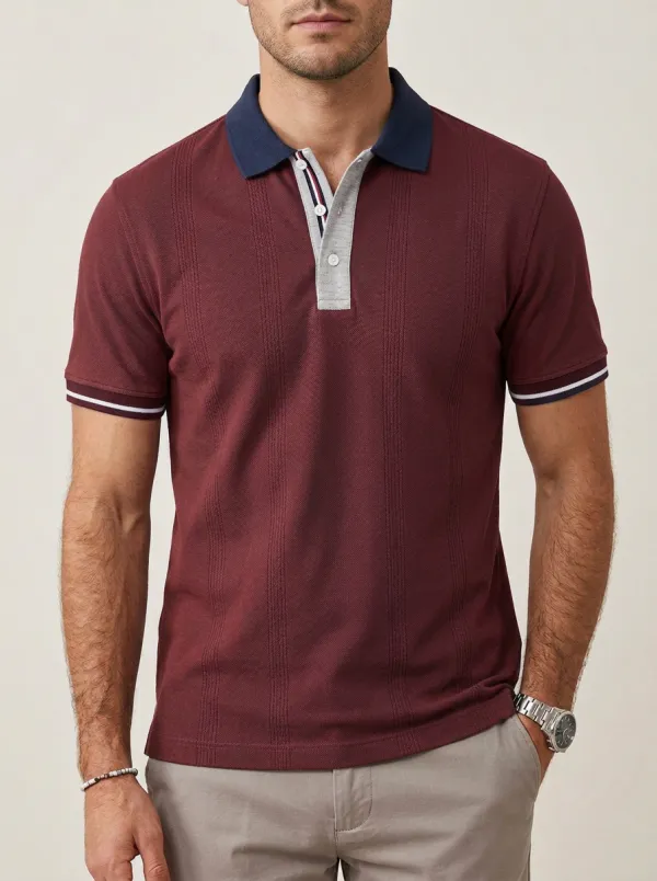 Men's Knit Ribbed Textured Vertical-Stripe Contrast-Placket Polo Shirt