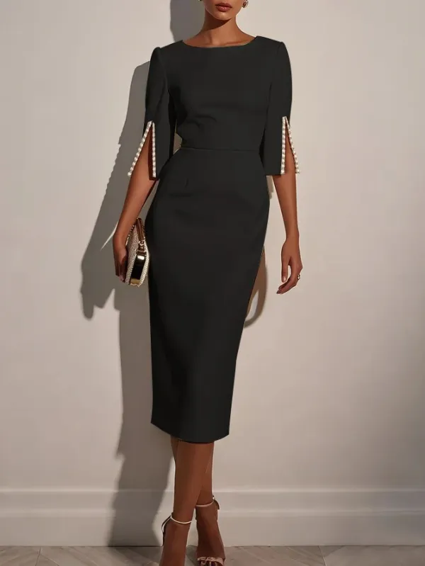Elegant Round Neck Pearl Short Sleeve Midi Dress