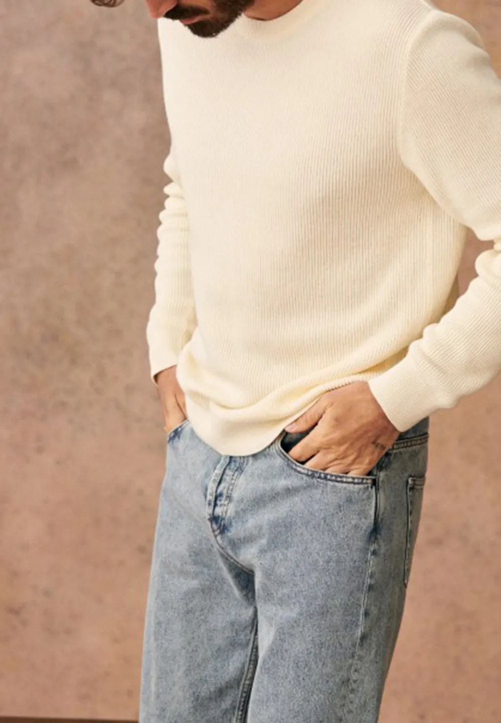Cream Ribbed Knit Crew Neck Casual Sweater