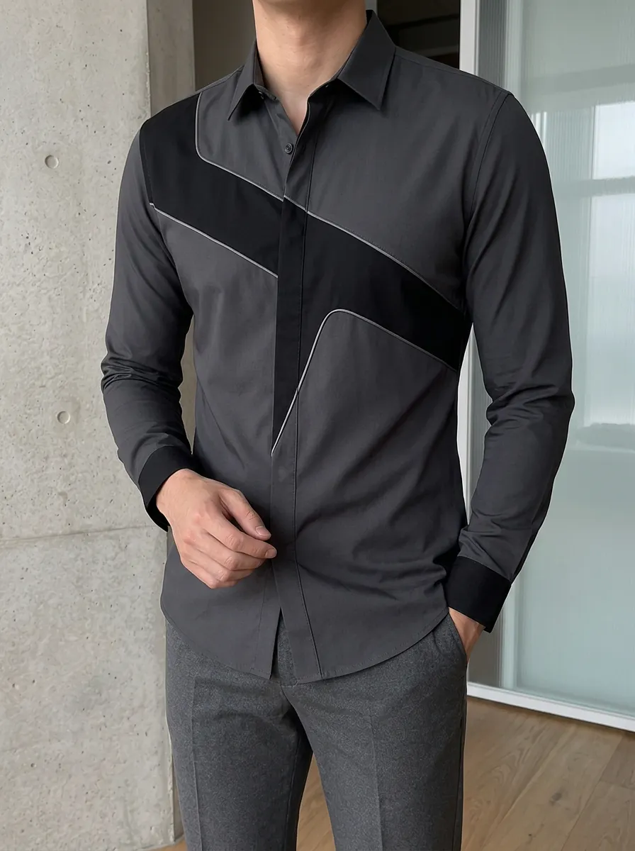 Men's Slim Fit Colorblock Geometric Pattern Long Sleeve Shirt