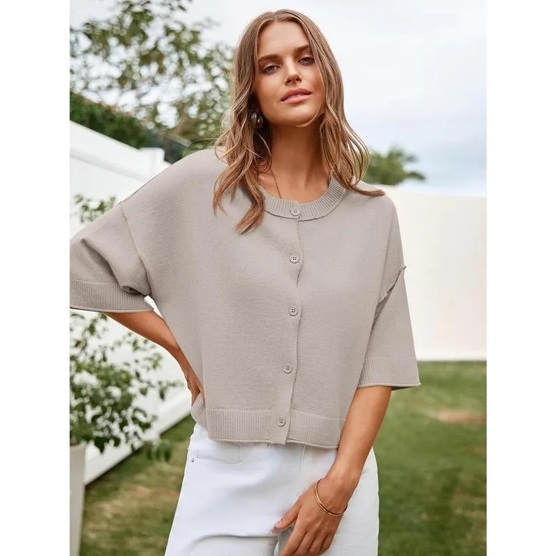 Womens Half Sleeve Cardigan Sweaters Cropped Button Down Tops Oversized Lightweight Ribbed Knit Summer Outfits