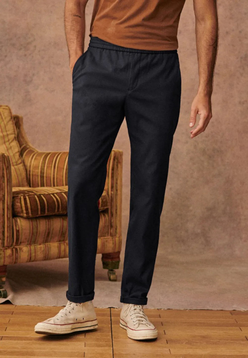 Olive Green Cotton Linen Blend Drawstring Trousers