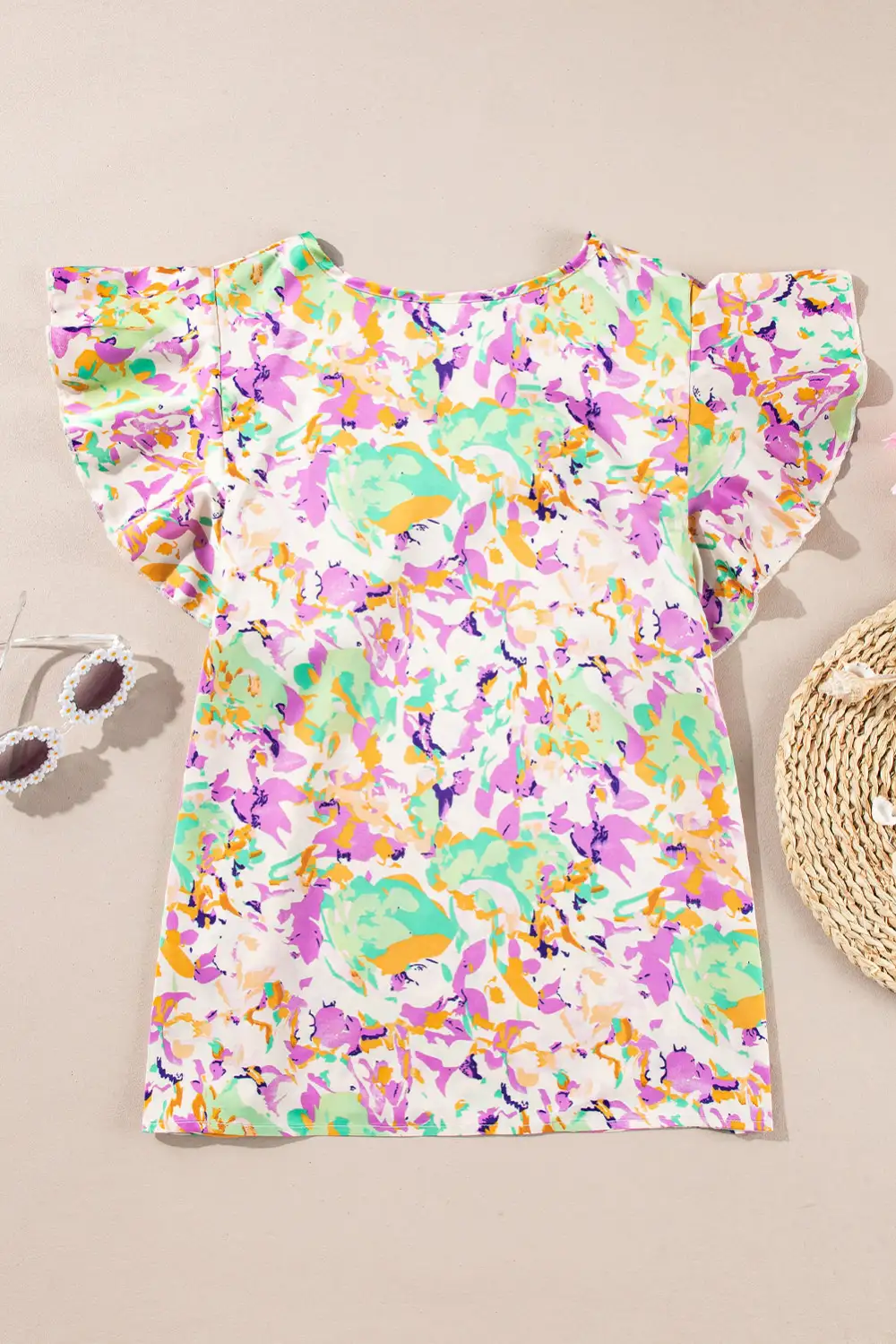 Abstract Print Ruffled Notched Neck Blouse