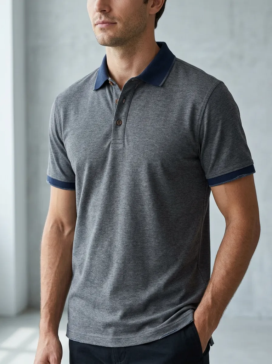 Men's Casual Grey Contrast Collar Short Sleeve Polo Shirt