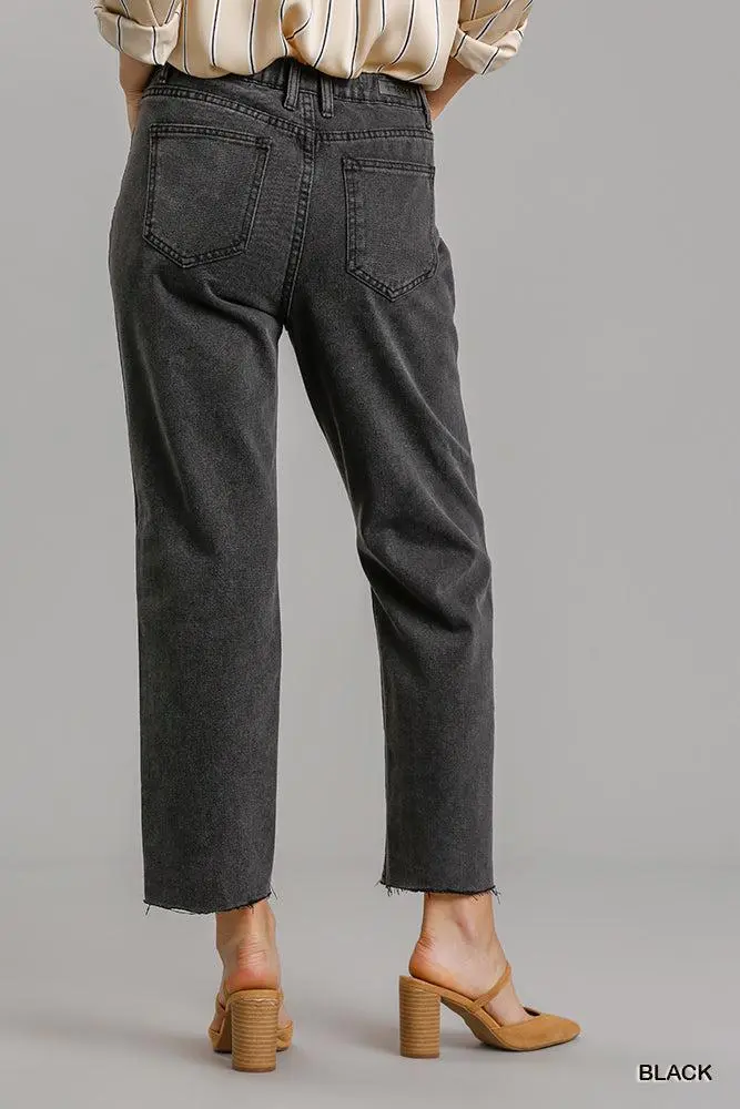 Pocketed Straight Leg Raw Hem Distressed Denim Jeans
