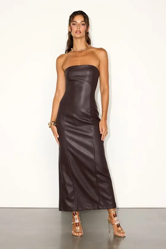 Antionette Dark Brown Vegan Leather Column Maxi Dress