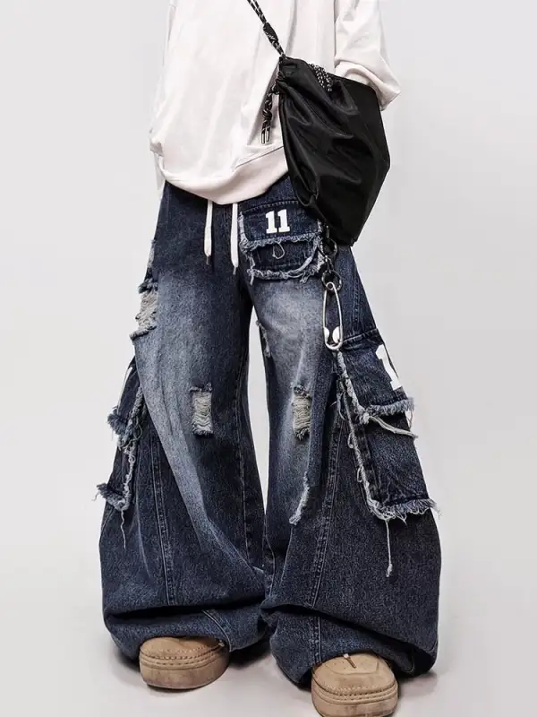 Wide-Leg Distressed Cargo-Pocket Patchwork Jeans