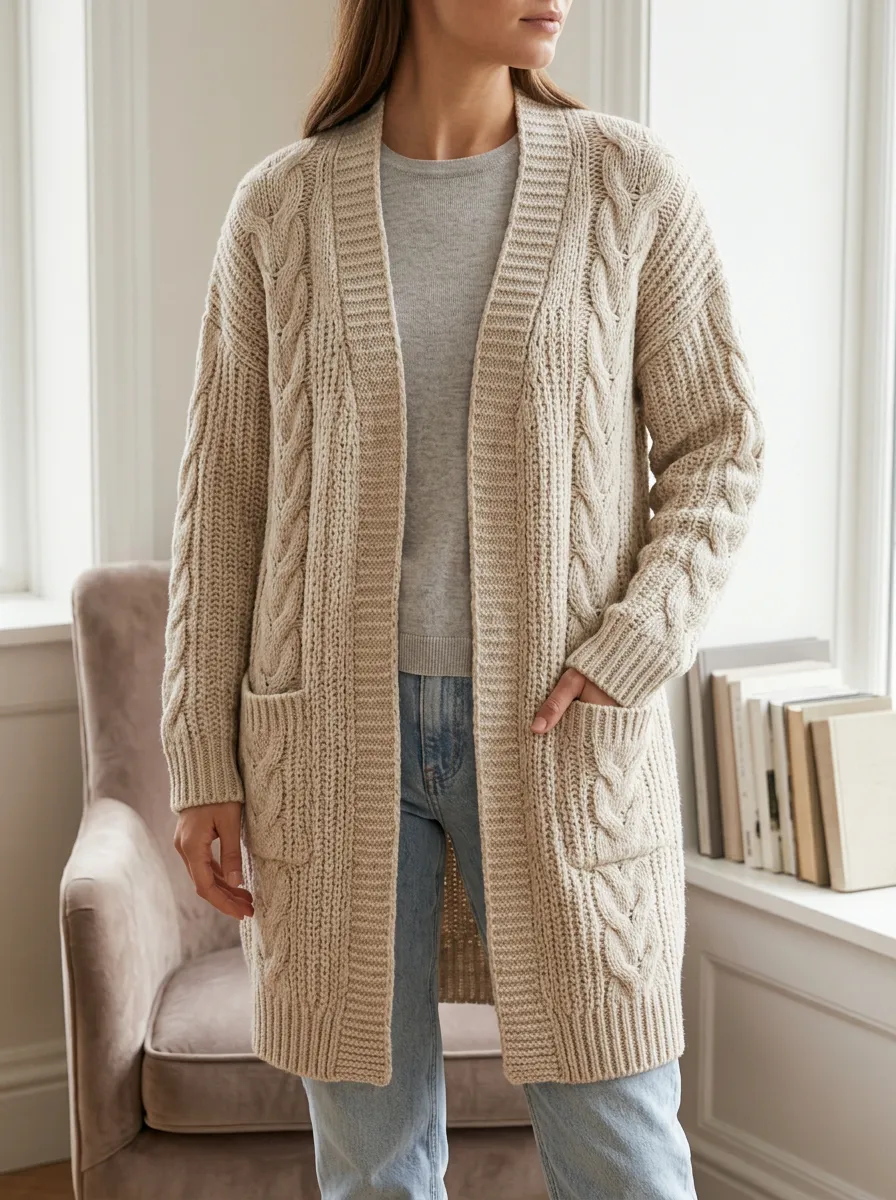 Women's Cable Knit Open-Front Relaxed Silhouette Long Cardigan