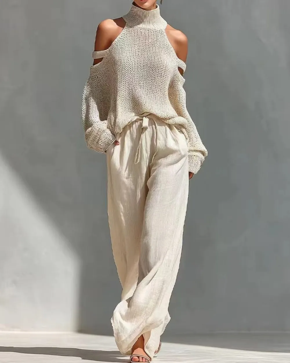 Knit Cold-Shoulder Turtleneck Wide-Leg Pants Set