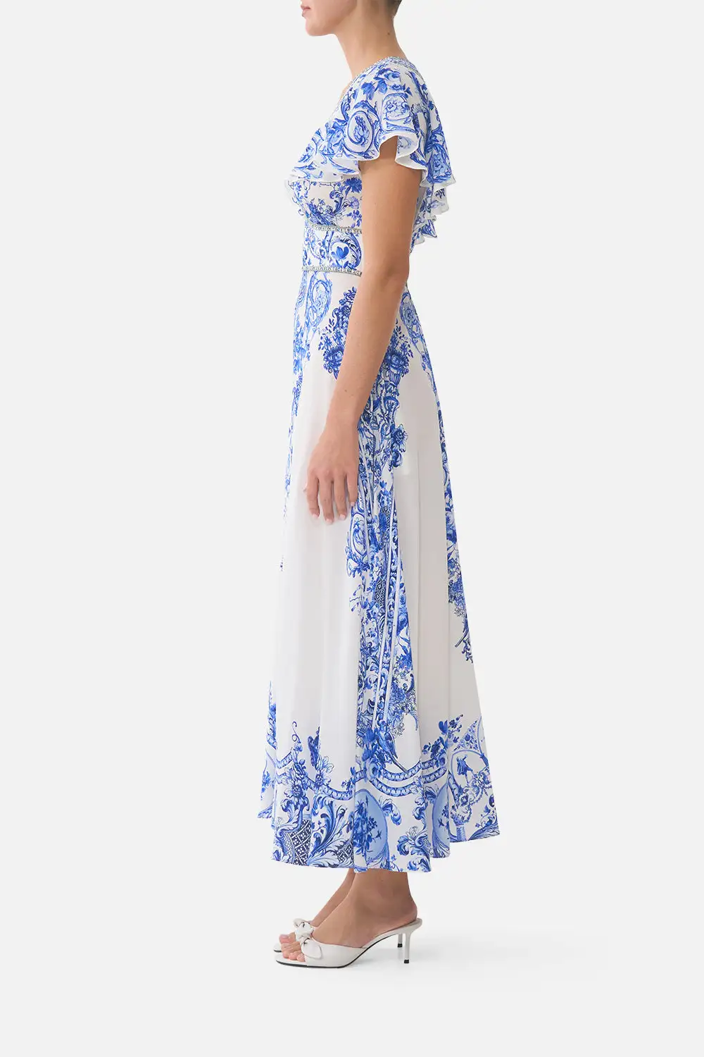 Waisted Midi Dress with Flutter Sleeve