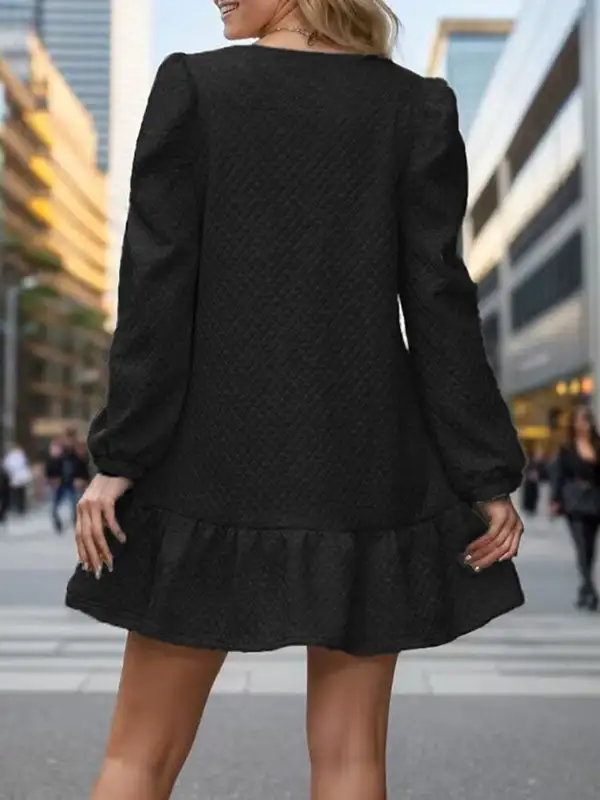 A Line Long Sleeve Jacquard Pleated Solid Color Split Joint Round