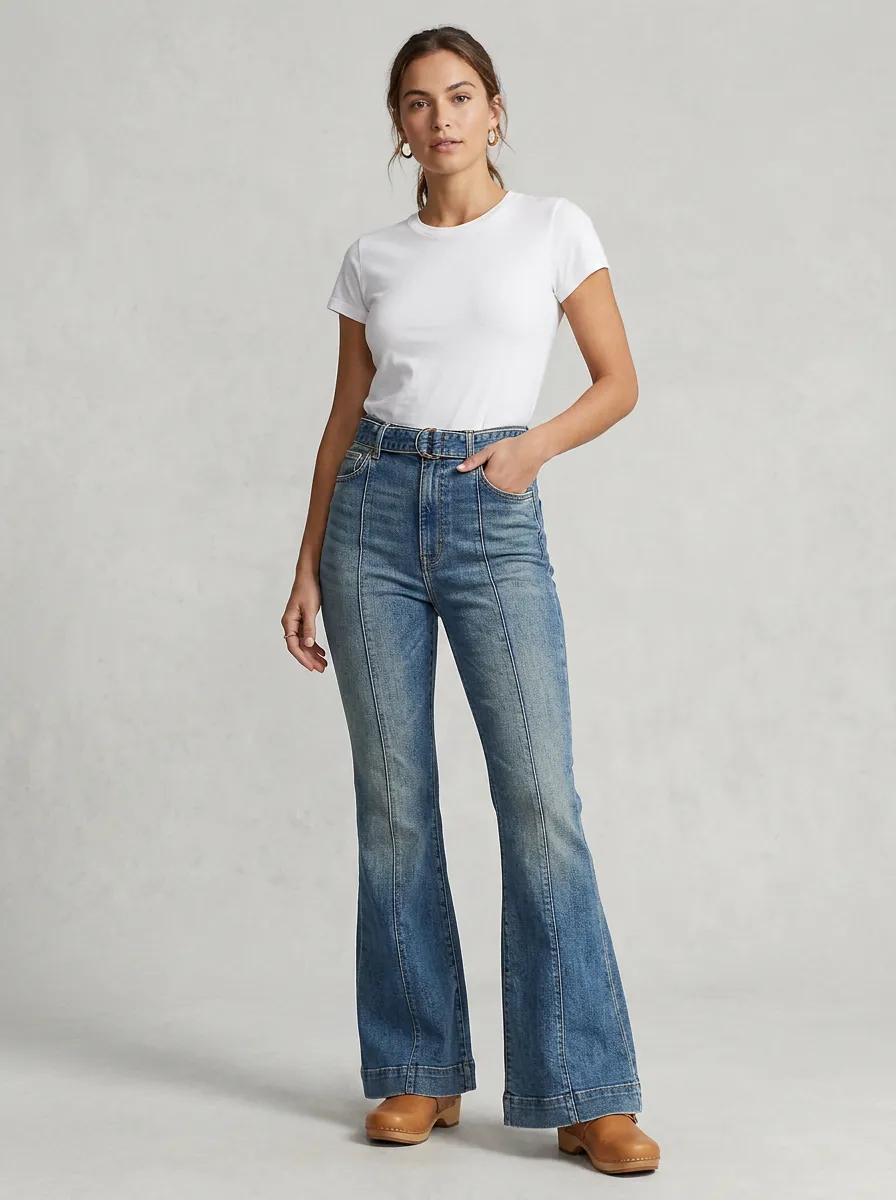 Vintage-Wash Seamed Women's High-Waist Stretch Flare Jeans