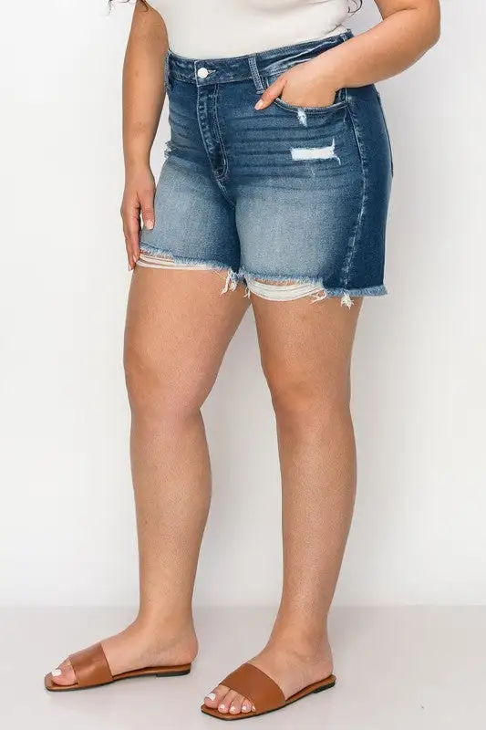 Weekend High Rise Frayed Hem Stretch Denim Shorts