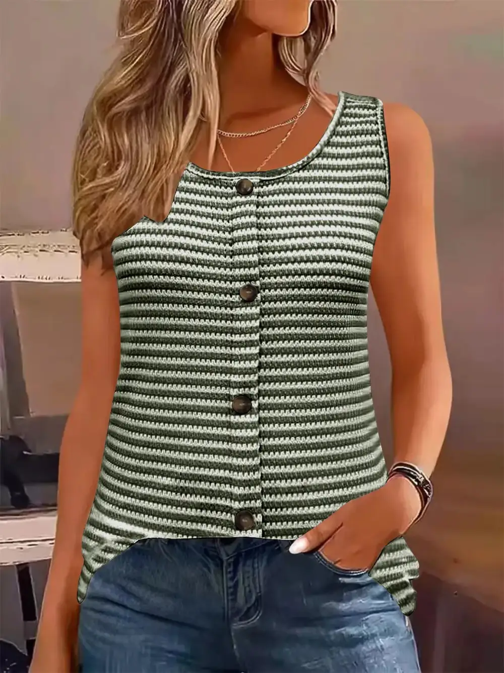 Striped Button-Front Knit Tank Top