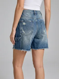 Women's Distressed Patch Pocket Raw Hem Denim Shorts