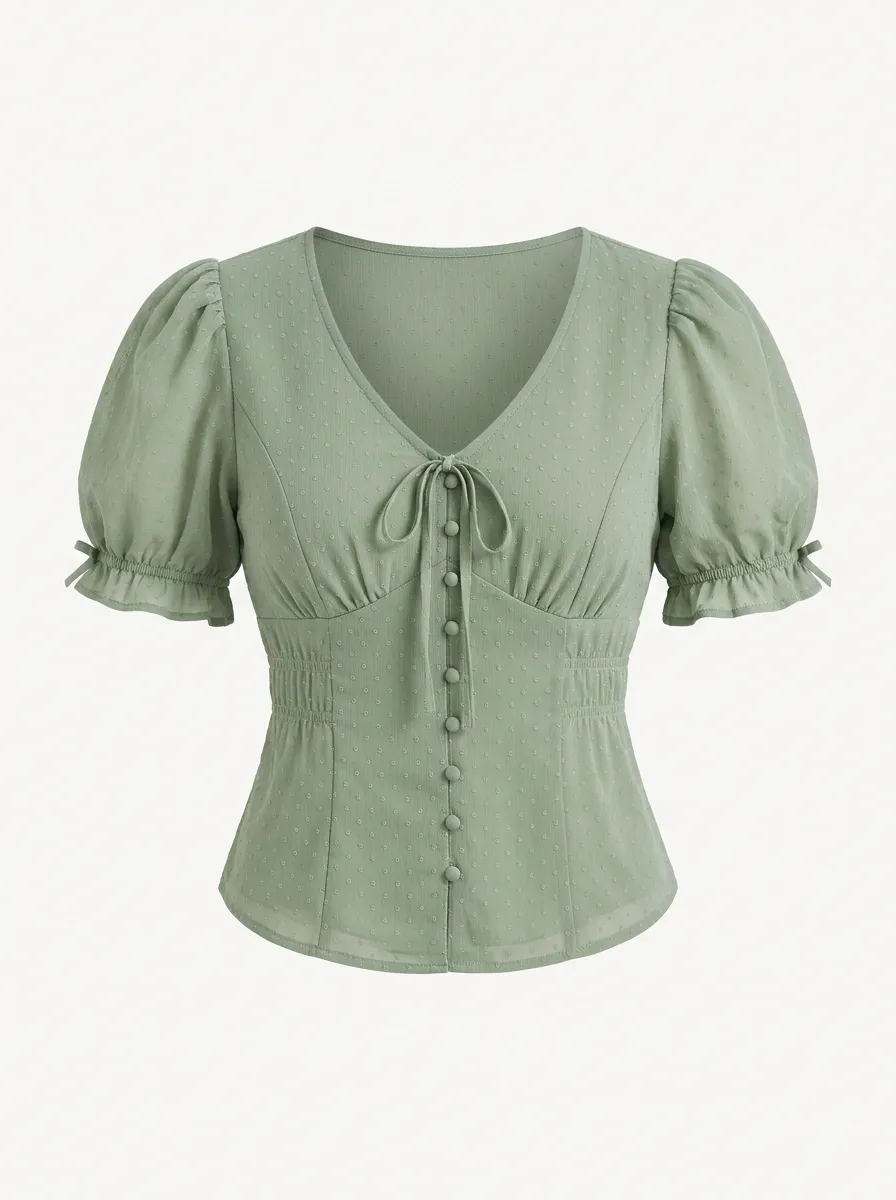 Women's Sage Green Swiss Dot Puff Sleeve Button Up Top