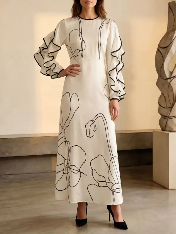 Loose Contrast Color Falbala Flower Print Hollow Zipper Maxi Dress