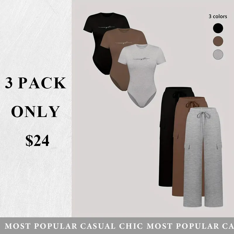 (3-SETS)Women'S Casual  Print Short Sleeve Round Neck TightJumpsuit And Waist Tie Wide Leg Pants With Pockets Set