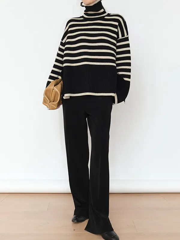 Striped Split Hem Paneled High Neck Long Sleeve Relaxed Fit Sweater